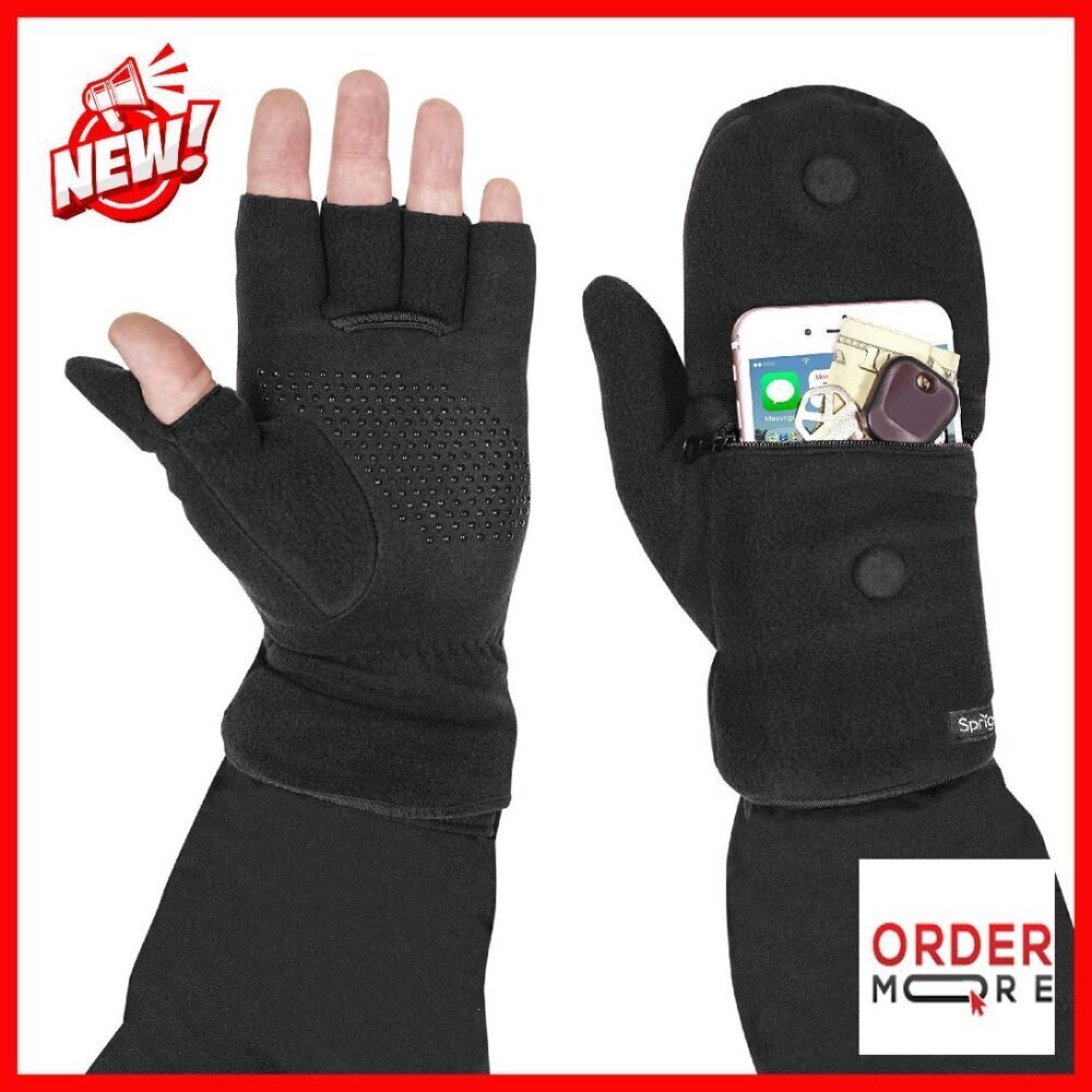 Fingerless Gloves with Phone Pocket, Adjustable Top, Magnetic Flap, Grip Dots